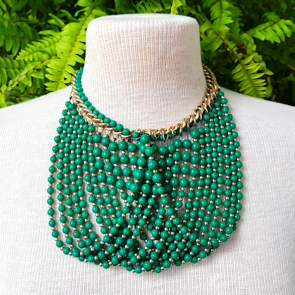Multi-Strand Green Beaded Statement Necklace - image 1